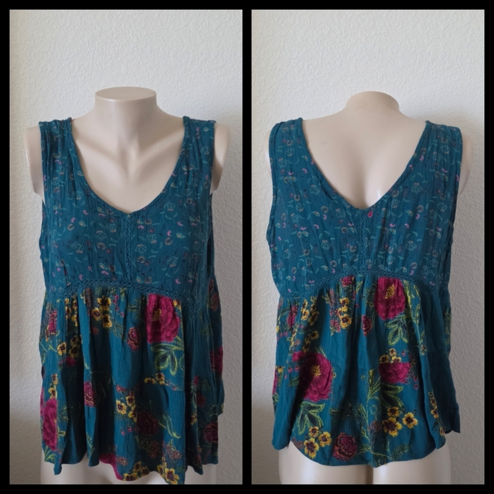 Angie Teal Floral Crochet Trim Tank Top - Picture 3 of 3